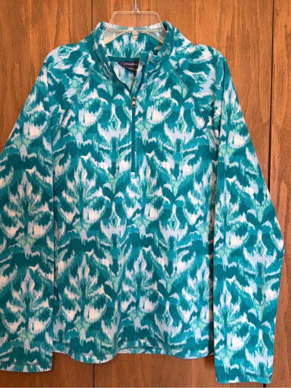 Eddie Bauer Teal and White Patterned Quarter-Zip Fleece Jacket